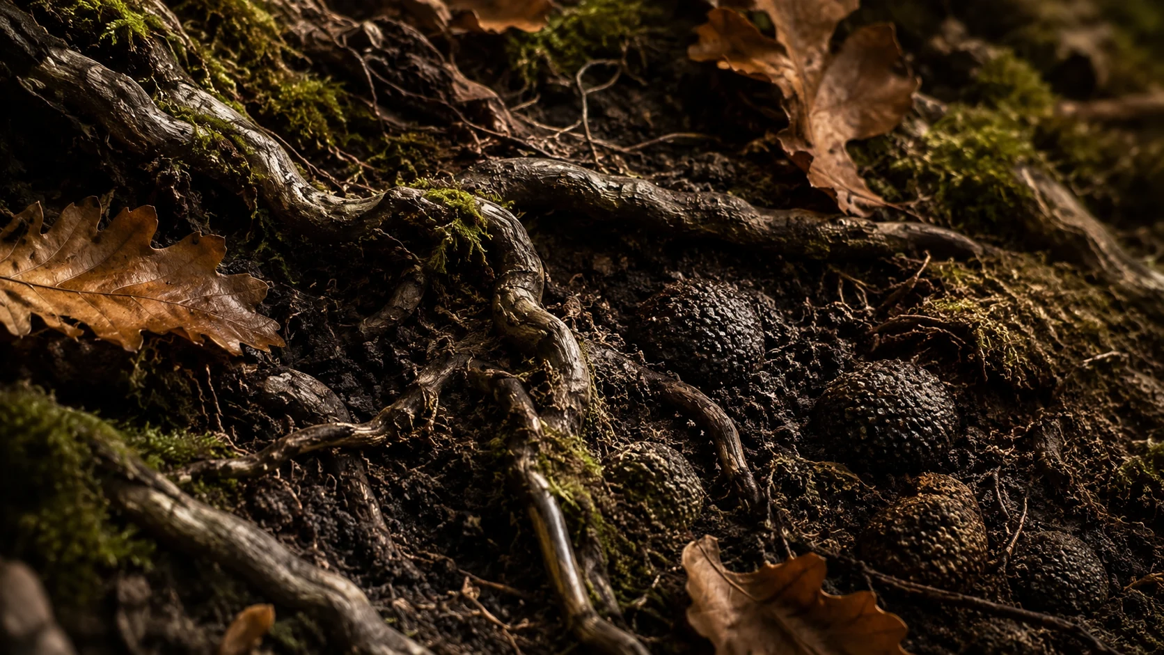 Oak roots, moss, and soil where fresh truffles begin